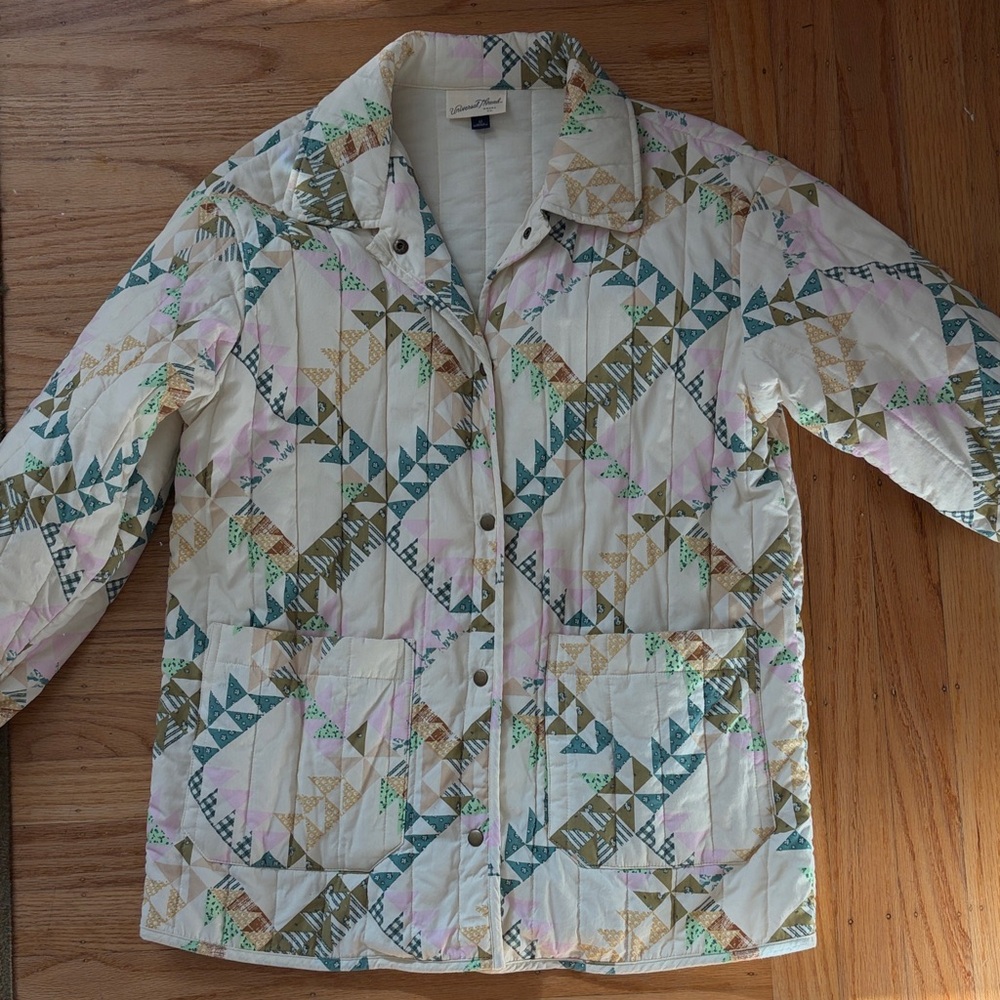 Universal Thread Quilted Cream Puffer Jacket with Green, Teal & Pink Accents